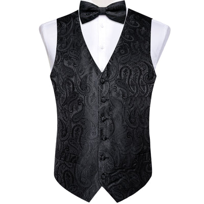 Men Black Paisley Vest Necktie Bowtie Pocket Square Cufflinks Dress Set жилетка мужская Classic 5 PCS Business Waistcoat for Man