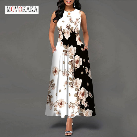 MOVOKAKA Ladies Spring Summer Long Dress Women White Sleeveless V-neck Pocket Elegant Dresses Casual Flowers Print Vintage Dress