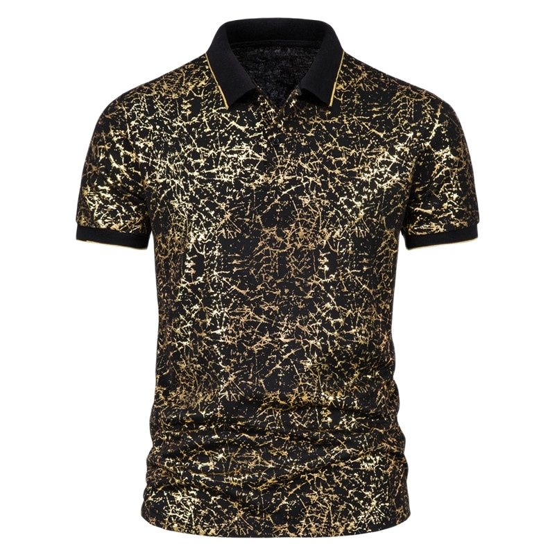 Mattswag Bronzing Crack Printed Polo T Shirts Male Fashion Nightclub Stage Dress Up  Men's Top Regular Fit Casual Daily Clothing