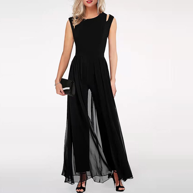 2023 Fashion Sleeveless Hollow Milk Silk Dress Women's Spliced Slim Fit Wide Leg Pants New Summer O-Neck Solid Color jumpsuit