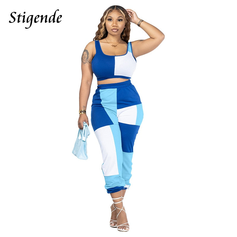 Women Crop Tank Top and Pants Patchwork Workout Outfits Sets Fashion Spliced Two Piece Tracksuit Set Casual Bodyocn Active Wear