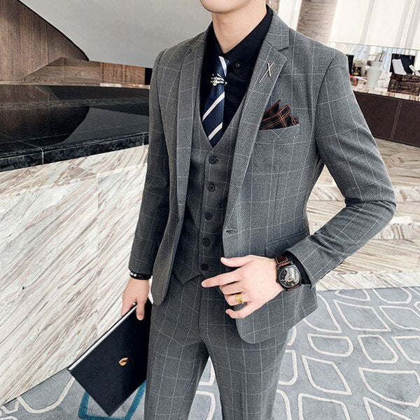 Large Size 7XL ( Blazer + Vest + Pants ) Groom Wedding Dress Dark Plaid Classic Retro Men's Formal Business Suit Three-Piece Set