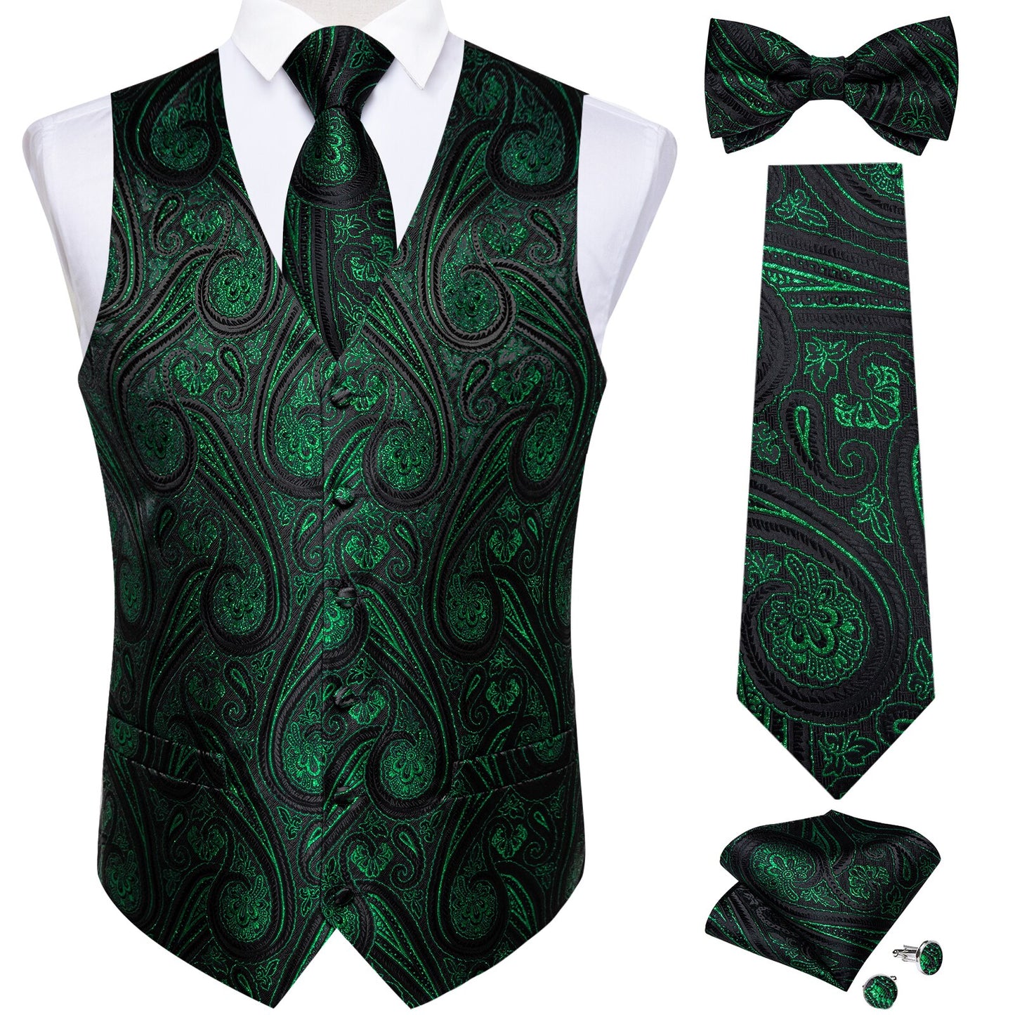 Men Black Paisley Vest Necktie Bowtie Pocket Square Cufflinks Dress Set жилетка мужская Classic 5 PCS Business Waistcoat for Man