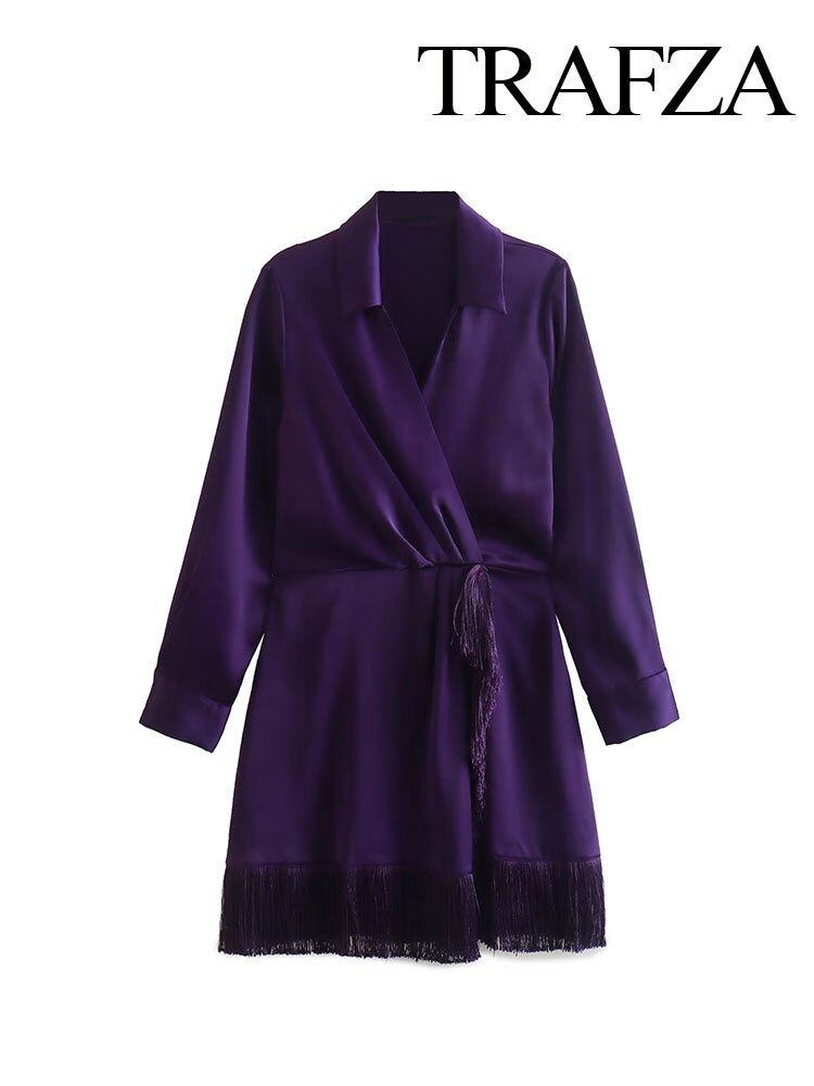 TRAFZA 2023 Women New Fashion At Home Clothing Purple V-Neck Tassel Ornament Long Sleeve Zipper Female Chic Coat Dresses