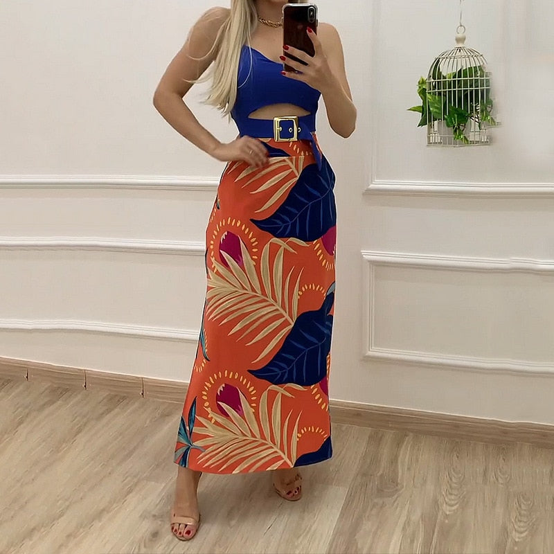 Sexy Babe Sleeveless Top & Printed Long Dress Two-Piece Set for 2023 Summer Ladies Fashion European American Women's Skirt Sets