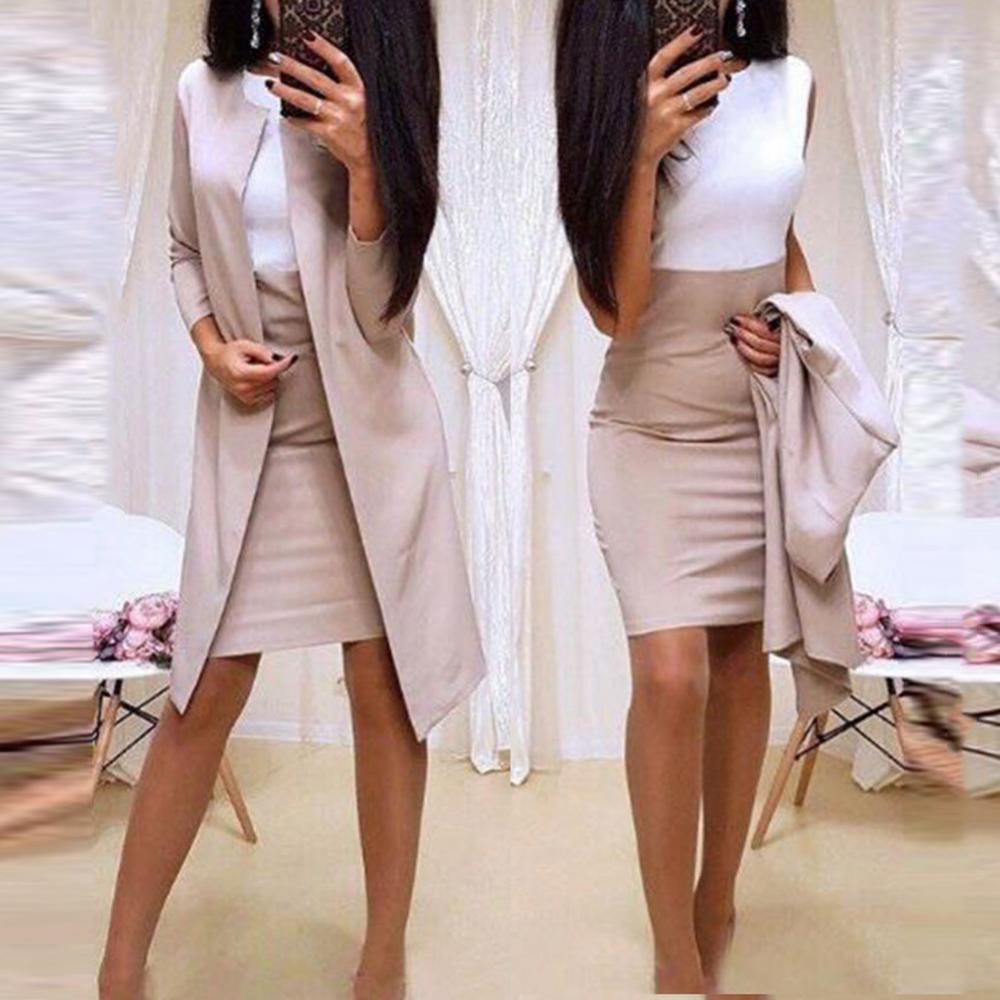 Lady Suit Skirt Bodycon Solid Color Slim 2Pcs Office Autumn Long Blazer Jacket Mini Work Coat Office Solid Blazers Set