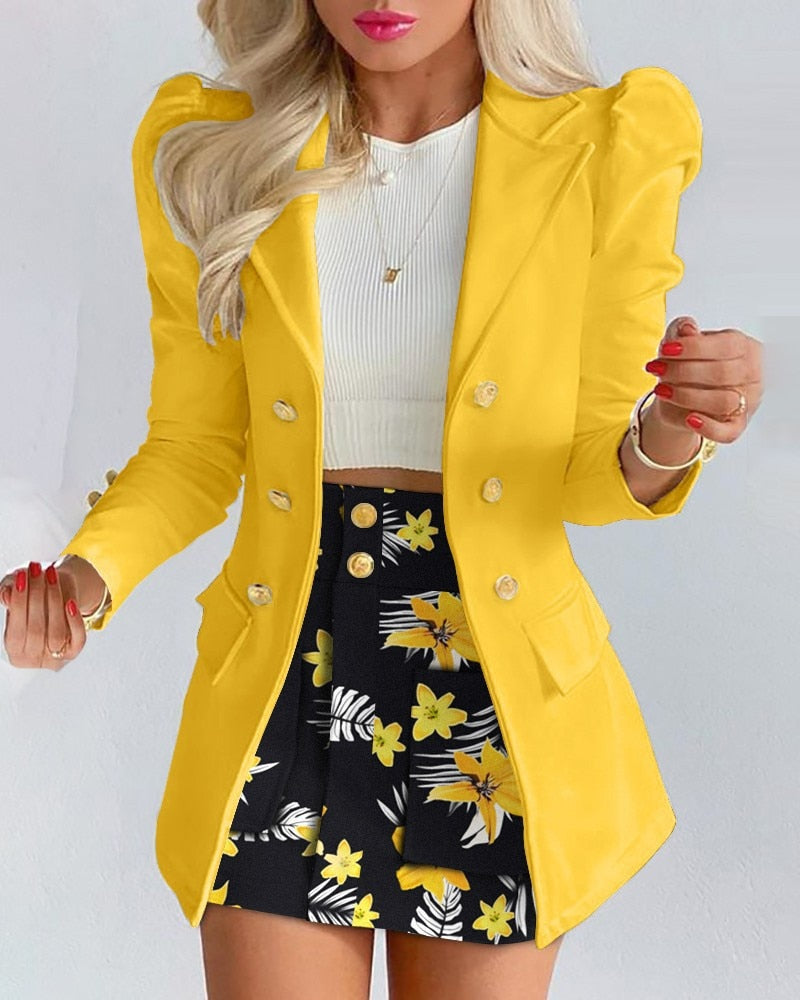 Spring Long Sleeve Solid Color Jacket with Mini Skirt Two-piece Suit Tailleur Femme Blazer and  Set Dress