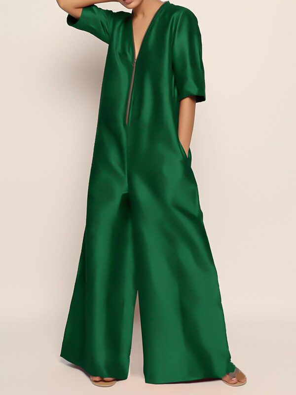 Uoozee 2023 Summer New Fashion Solid Color Loose Jumpsuit Half Sleeves V-Neck Wide Leg Pants Casual Jump Suits For Women