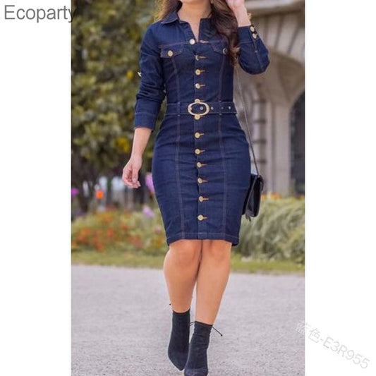 Women Dress Sexy Slim Retro Multi-button Decoration Lapel Dresses Lady Fashion Single-breasted Long-sleeve Denim Goddess Dresses