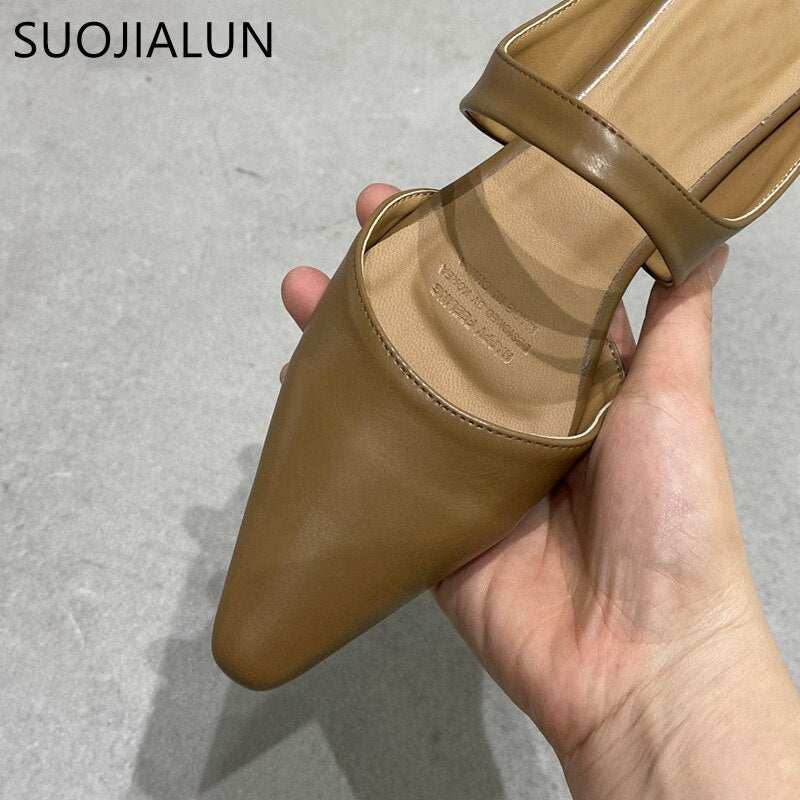 SUOJIALUN 2023 Spring New Women Slipper Fashion Pointed Toe Shallow Slip On Ladies Mules Shoes Soft Ladies Casual Sandal Shoes