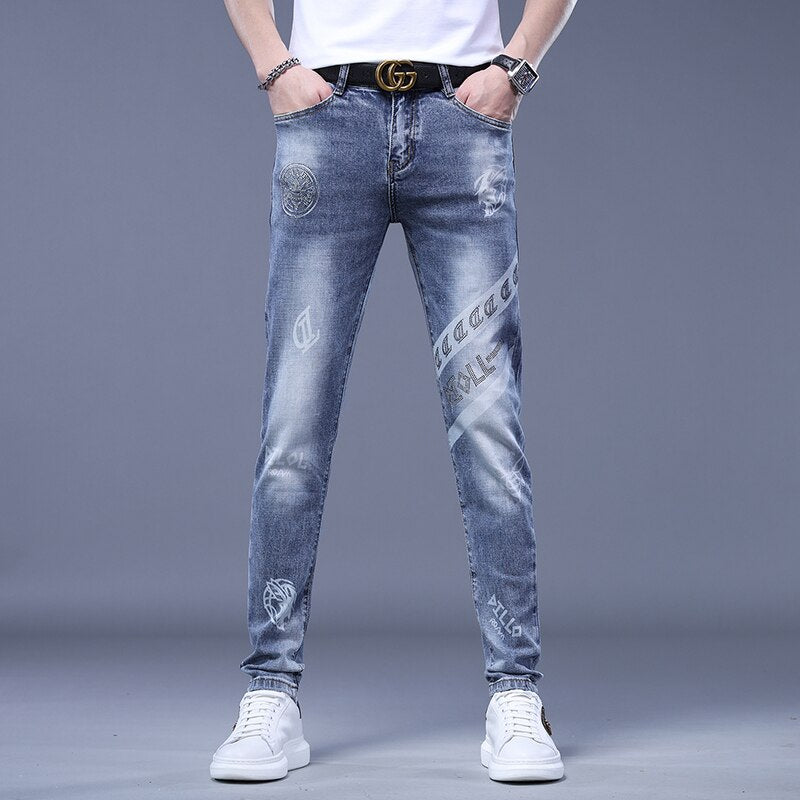 Summer High End Trendy Brand Printed Jeans Men Thin Slim Fit Skinny Trousers With Red Ears And Stretch Hand Embroidered Diamonds