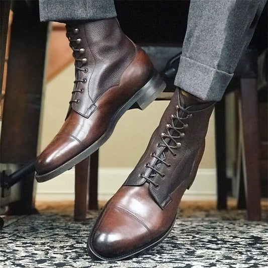 Boots Brown PU Round Head Low Heel Wing Tip Lace Up Fashion Versatile Casual Street Outdoor Daily Dress Shoes