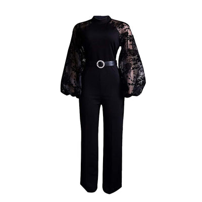 African Jumpsuit Fall Outfits Women 2023 Embroidered Mesh Long Sleeve Elegant Ladies With Belt One Piece Club African Dresses