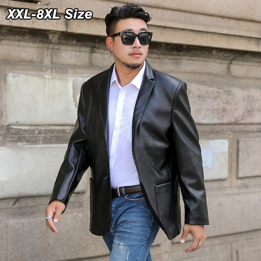 Oversized Men's Leather Blazer Dress Black PU Business Casual Jacket Fashion Loose Spring Autumn Coats Brand Clothing 7XL 8XL