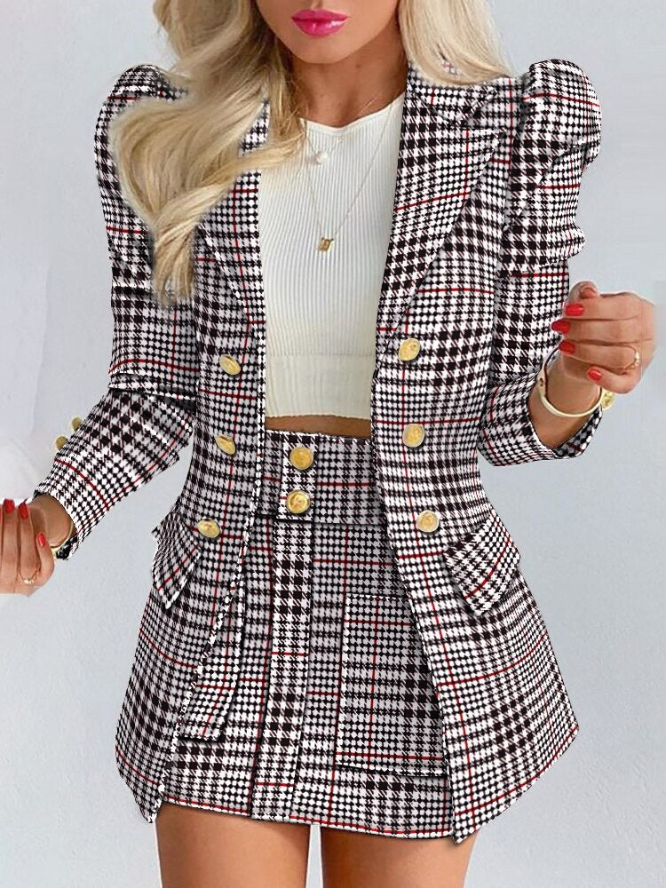 New Spring and Autumn Leisure Fashion Suit Women's Double-breasted Long Sleeve Skirt Suit 2-piece Office Women Dress Skirt Set