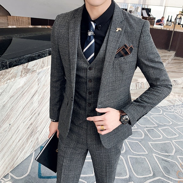 Large Size 7XL ( Blazer + Vest + Pants ) Groom Wedding Dress Dark Plaid Classic Retro Men's Formal Business Suit Three-Piece Set