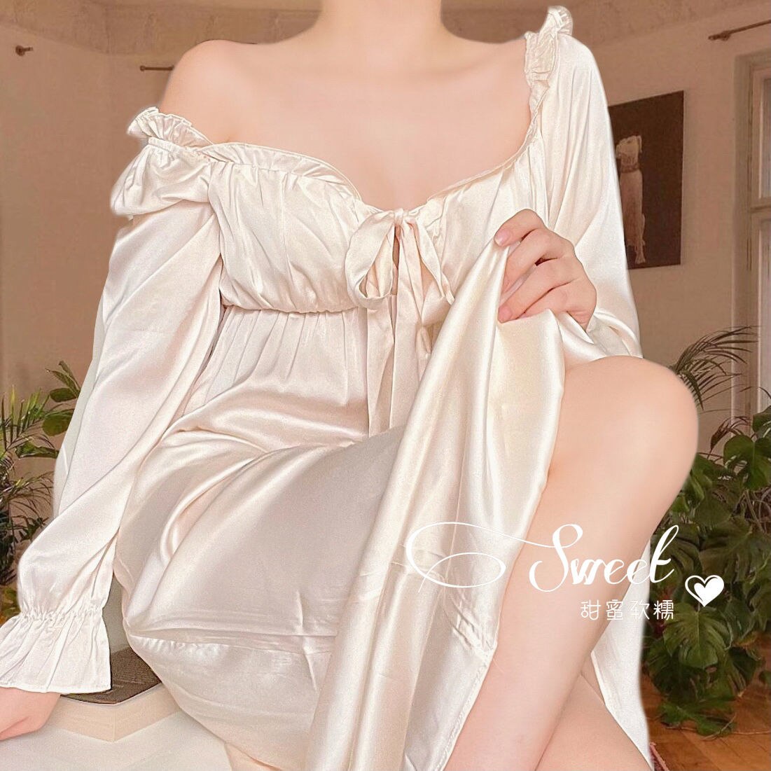 Women's Elegant Nightgown French Style Ladies Summer Long Sleeve Night Dress Bow Sexy Homewear Nightdress For Female S-2XL