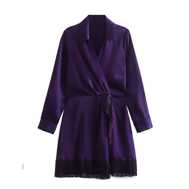 TRAFZA 2023 Women New Fashion At Home Clothing Purple V-Neck Tassel Ornament Long Sleeve Zipper Female Chic Coat Dresses