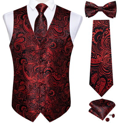 Men Black Paisley Vest Necktie Bowtie Pocket Square Cufflinks Dress Set жилетка мужская Classic 5 PCS Business Waistcoat for Man