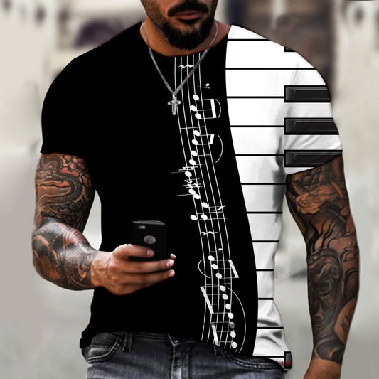 Men's T-Shirt Music Notes Piano Keys 3D Printed Lycra Polyester Shirt Men's Short Sleeve Fashion Oversized Summer Dress