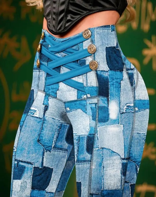 Autumn/Winter New Fashion and Leisure Denim Look Print High Waist Butt Lift Skinny Pants Women Clothing Y2K